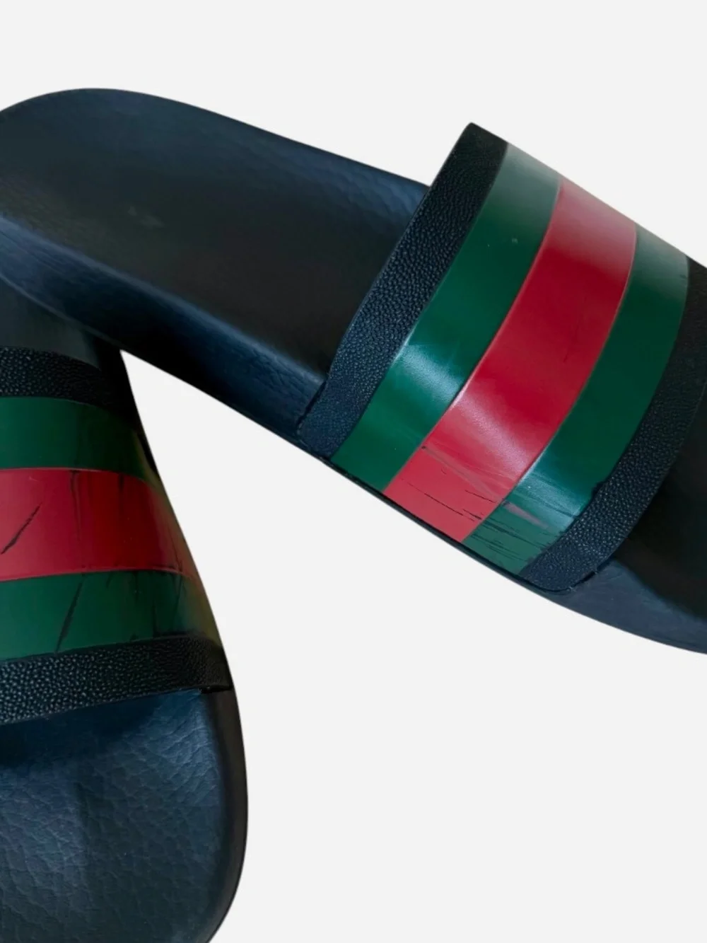 Gucci Web Rubber Slide Sandals Men 9 Black Green Red Stripe Beach Pool READ COND